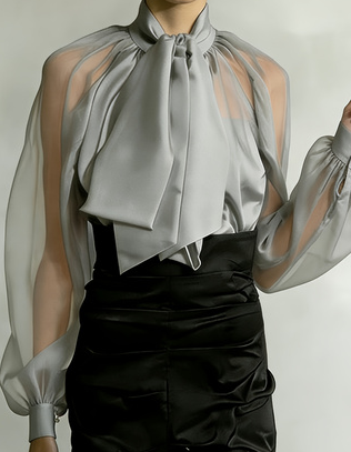 Women's French Retro Style Flowy Collar Slightly Sheer Puff Sleeve Loose Shirt