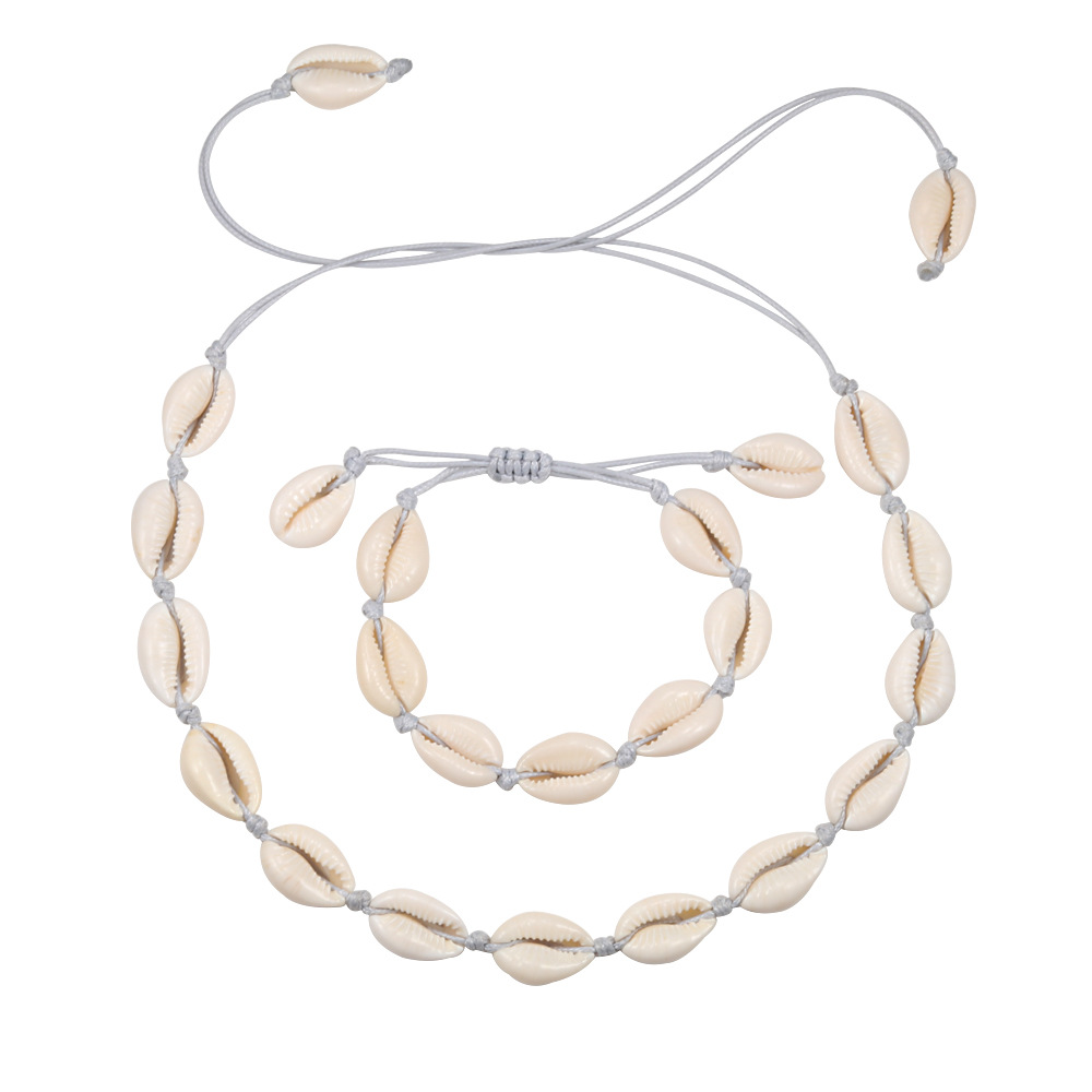 Foreign Trade Europe And America Retro Ins White Shell Necklace Bracelet Set Hand-woven Electroplating Mix And Match Pearl Tail Buckle