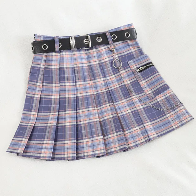 Gradient Plaid High Waist Slim Pleated A line Skirt Women Blue - Shop at LoveMi