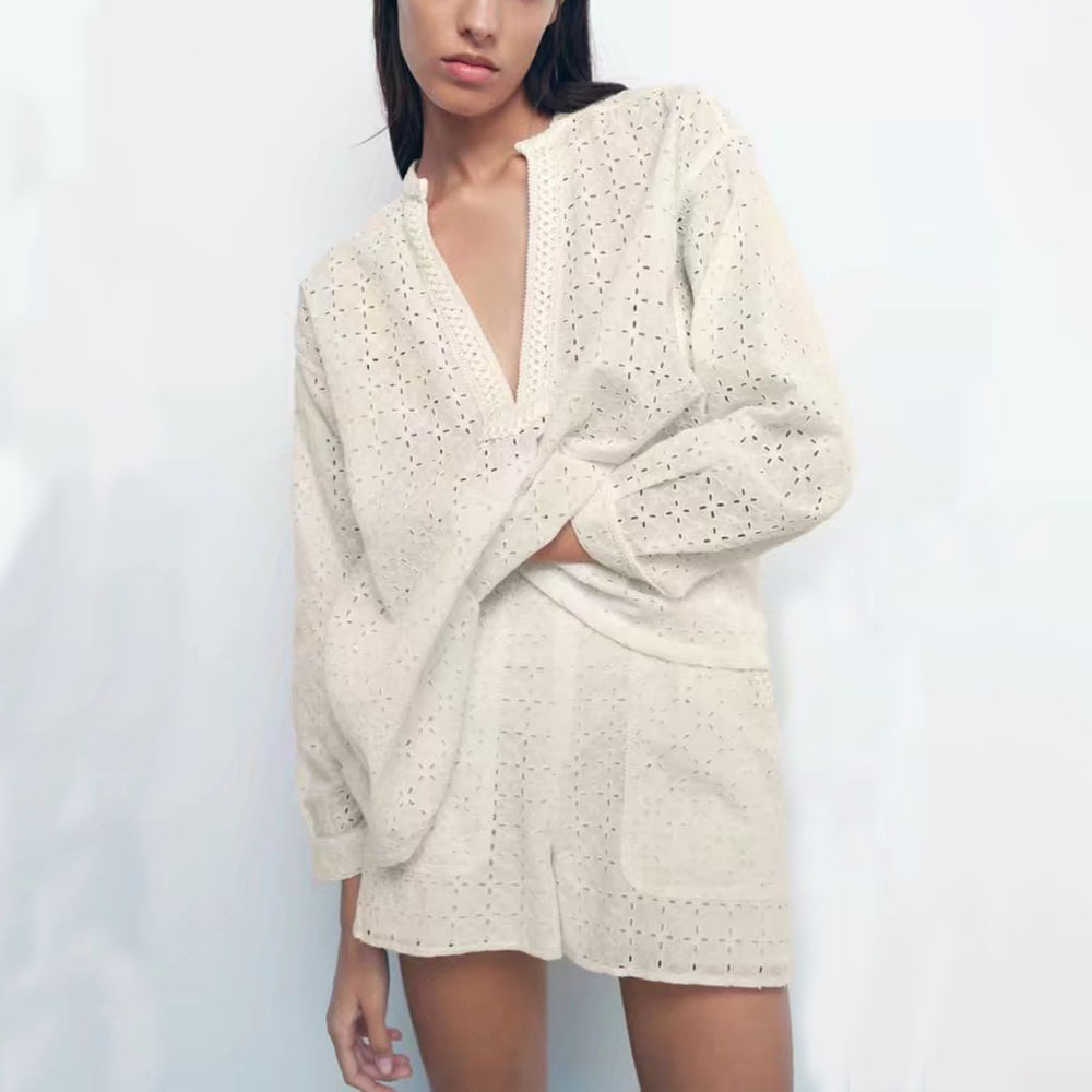 Fashion Hollowed Out Embroidered Shirt