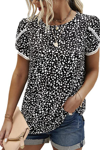 Lace Stitched Polka Dot Short Sleeved T Shirt Chiffon Top Black White - Shop at LoveMi