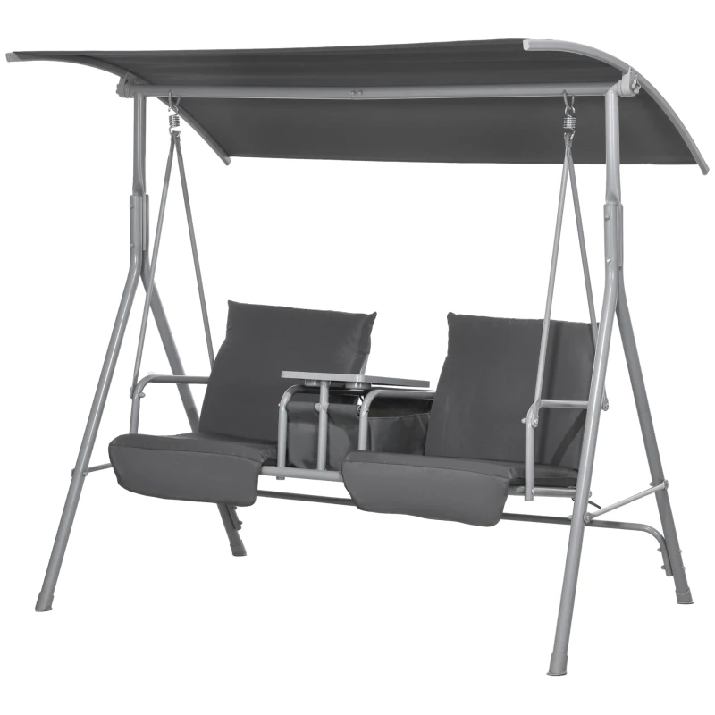 2-Seater Outdoor Porch Swing With Canopy And Table, Patio Swing Chair For Garden, Poolside, Backyard, Gray