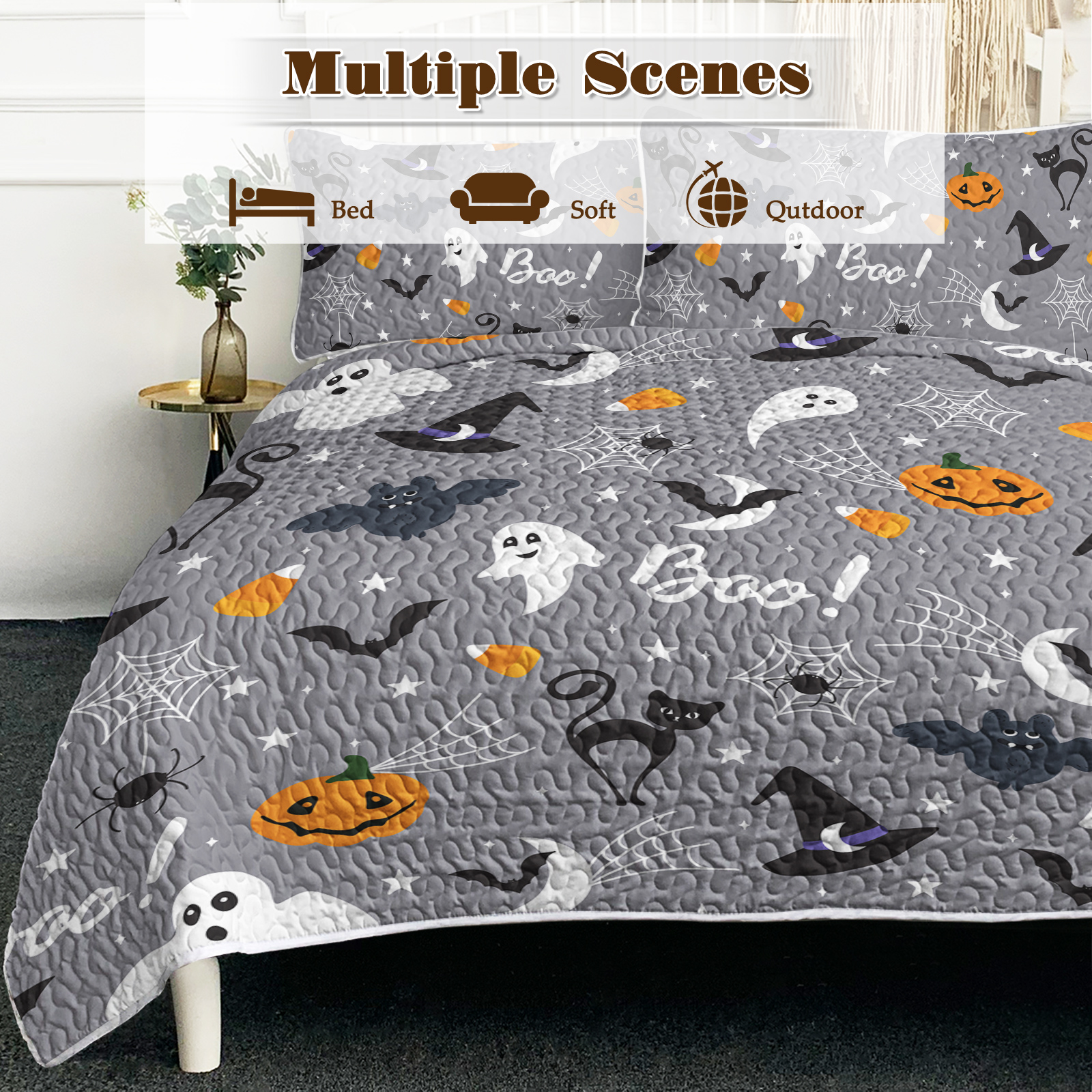 3pcs Halloween Pumpkin Set Comforter Set For Girls Boys Women, Soft Lightweight Halloween Bedding Set 1 Coverlet And 2 Pillowcases — foto 7