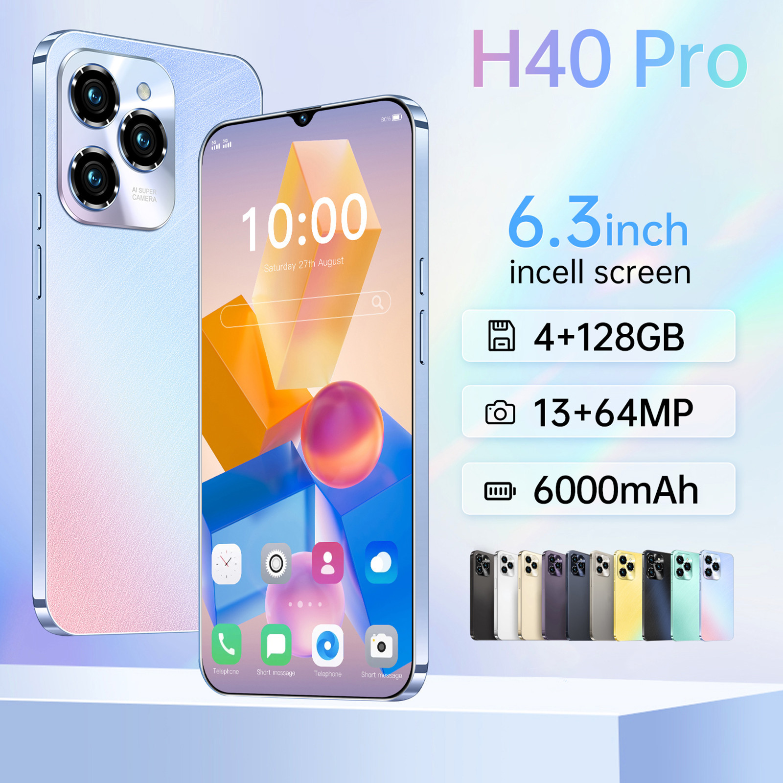 6.3inch HOT40 Unlocked Phone Dual SIM 4G Phone, Android Smartphone 4GB 128GB Rom