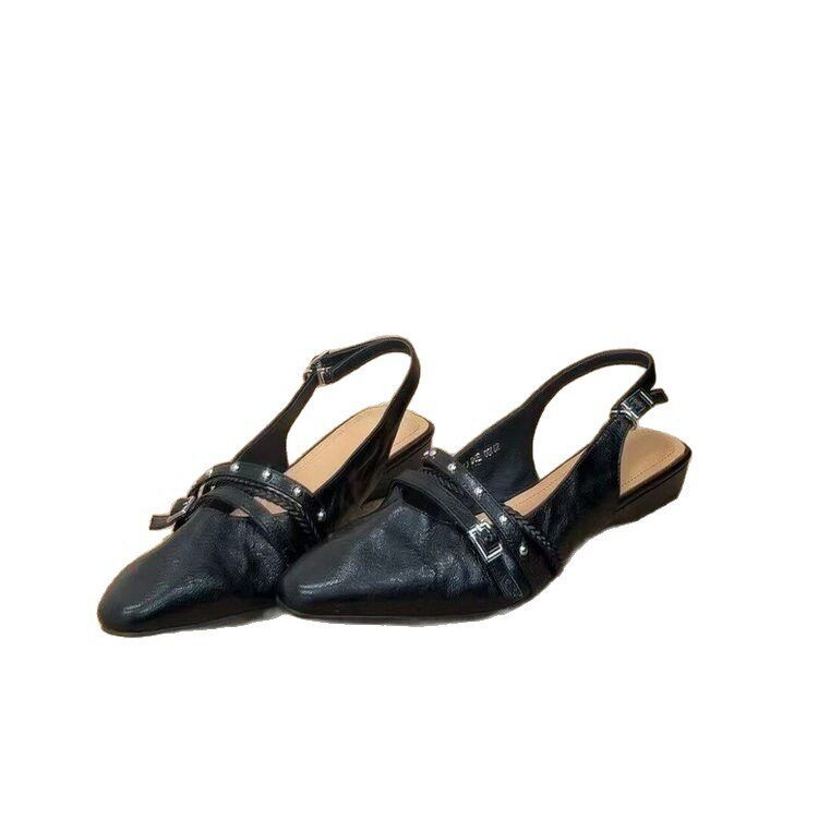 Women Retro Punk Rivet Studded Double Strap Slingback Flats, Pointed Toe Wrinkled Distressed Leather Cutout Metal Buckle Backless Slip On Casual Daily Mule Sandals