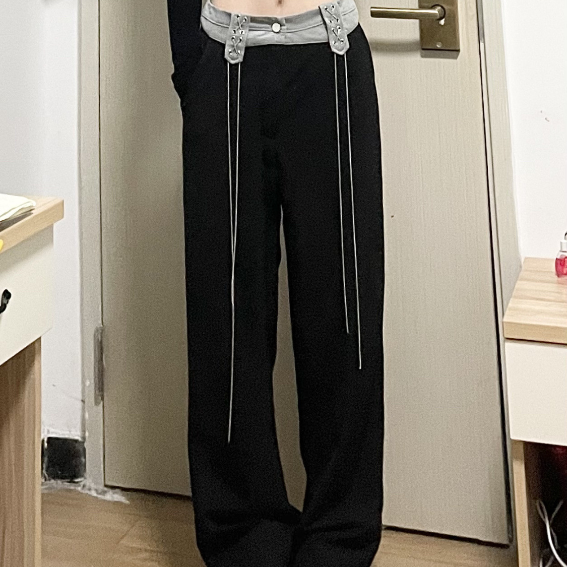 Retro Splicing Clash Color High Waist Wide Leg Straight Pants Women