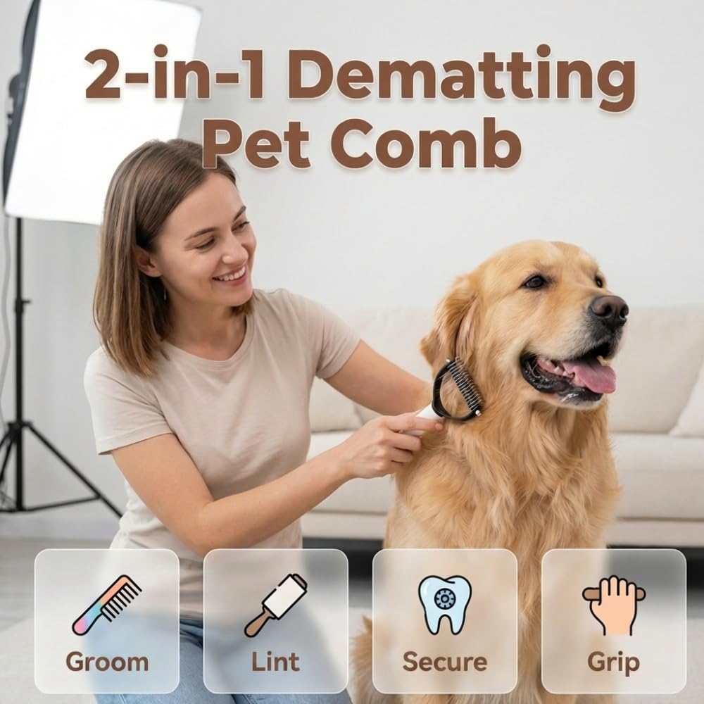 Double Sided Dematting Comb For Cats & Dogs, Undercoat Rake, Safe Deshedding Grooming Tool, Gentle Matt Remover Detangler For Long Thick Haired Pets, Ergonomic Pet Grooming Brush view 5