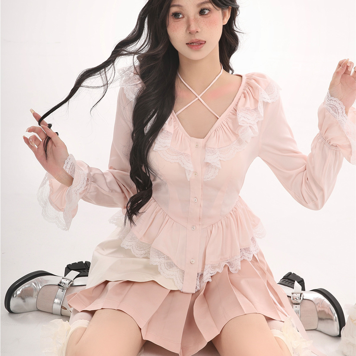 Lace Ruffled Shirt Petal Pleated Skirt