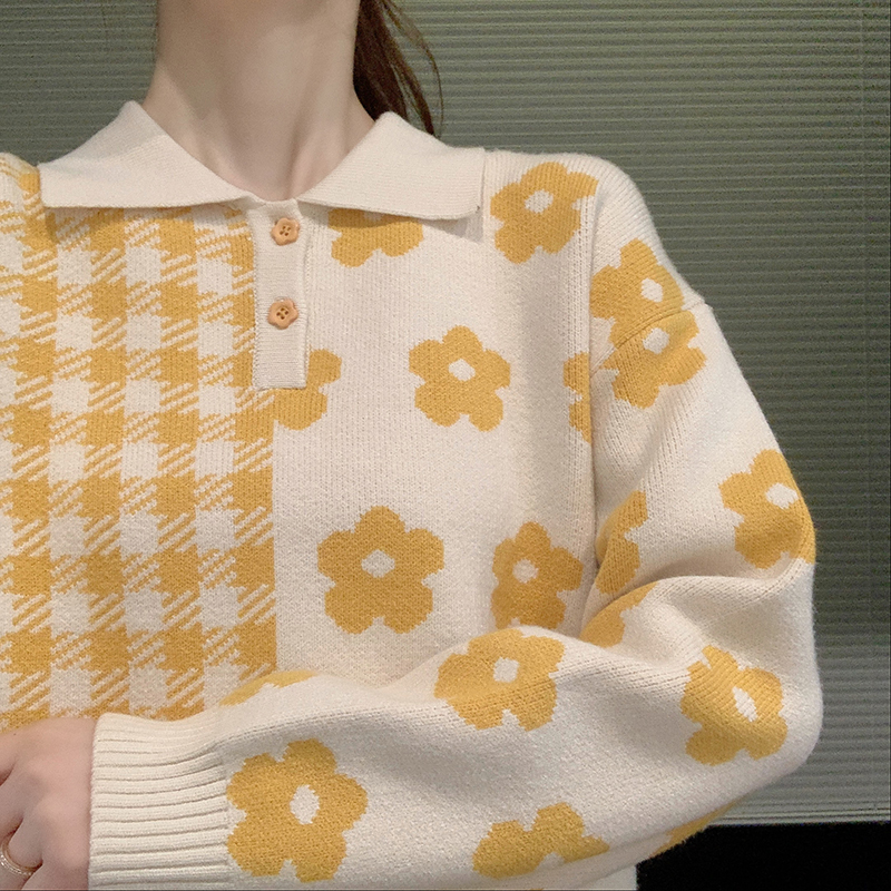 New Polo Doll Collar Cropped Knitted Sweater Women's Top