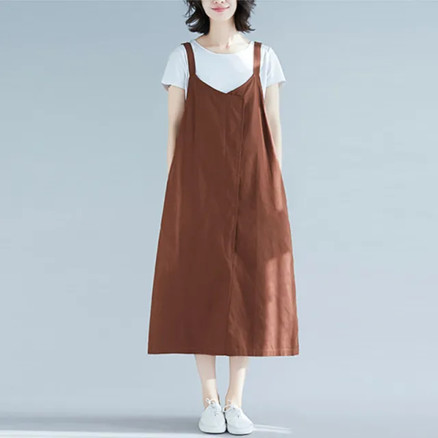 Literary Loose Stitching Solid Color Cotton And Linen Strap Dress Coffee - Shop at LoveMi