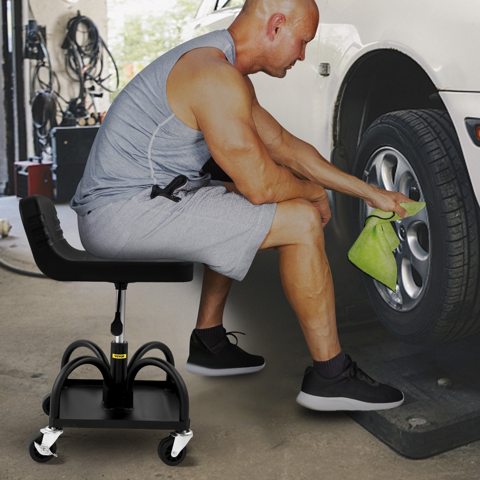 Rolling Garage Stool, 300LBS Capacity, Adjustable Height From 15.7 In To 20.5 In, Mechanic Seat With 360-degree Swivel Wheels And Tool Tray, For Workshop, Auto Repair Shop, Black - Image 1