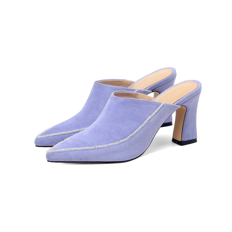 Baotou Half Slippers Women's Outer Wear Half Support Thick heeled High heeled Shoes All match Pointed Toe Purple - Shop at LoveMi