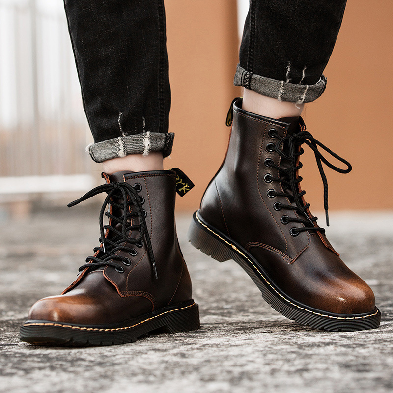 حذاء مارتن عالي الكاحل رجالي من الجلد بنمط بريطاني فاخر