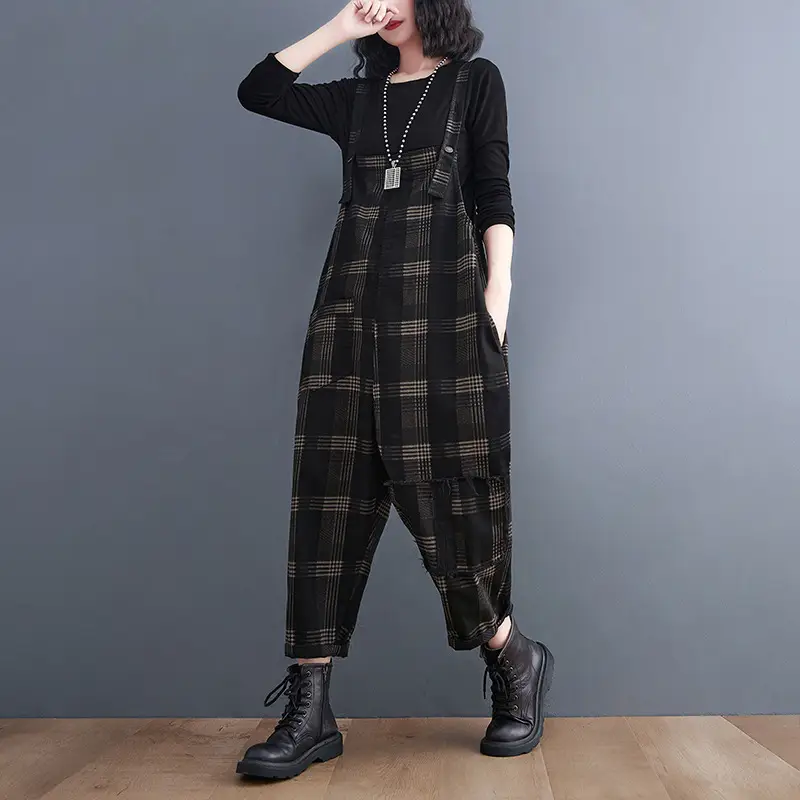 Autumn And Winter Large Size Grid Braces Sling Jeans Female