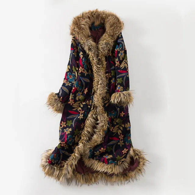 Women's Ethnic Style Cotton Linen Literary Over the Knee Fur Collar Hooded Padded Jacket Floral - Shop at LoveMi