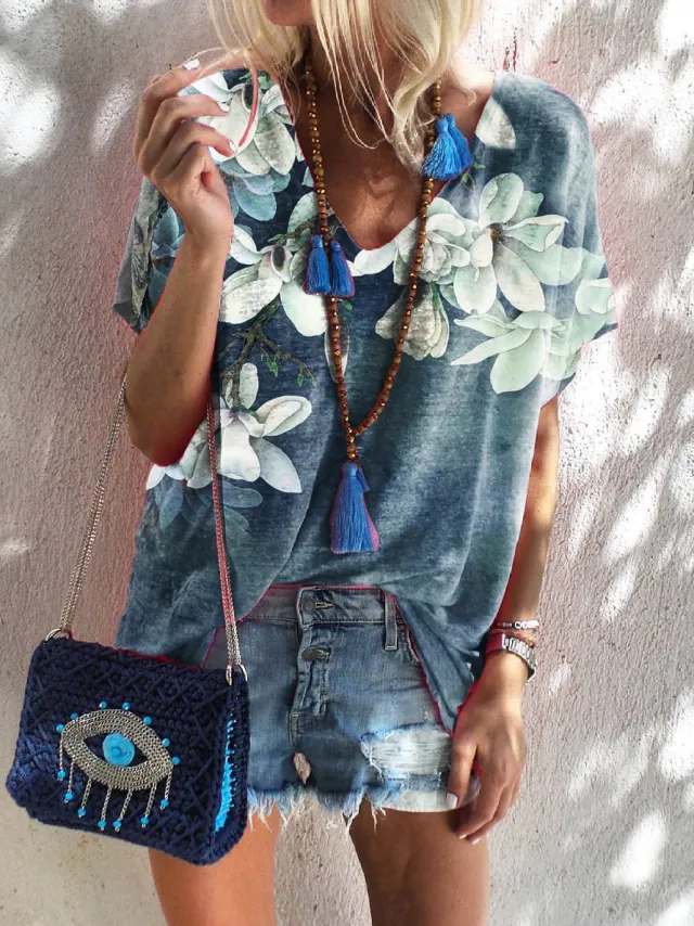 Bat Sleeve Loose Large Casual T shirt Blue - Shop at LoveMi