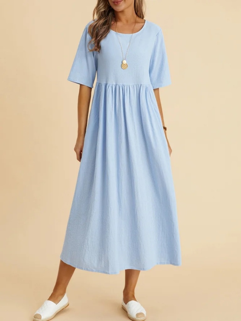 Plus Size Loose Cotton Linen Dress, Round Neck  Sleeve Midi Dress With Pockets