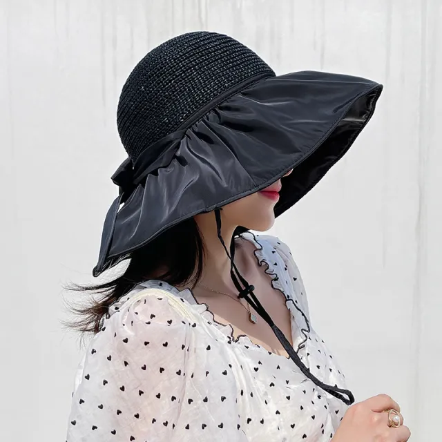Black Rubber Beach Hat Sun Hat Female Summer Hollow Straw Hat Black - Shop at LoveMi