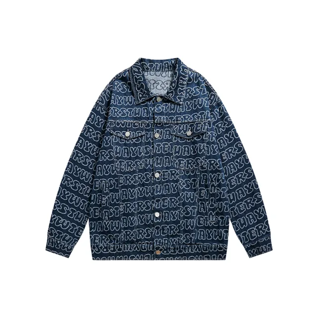 All Over Printed Wash Denim Jacket Men's And Women's Neutral Bf Style Coat Blue - Shop at LoveMi