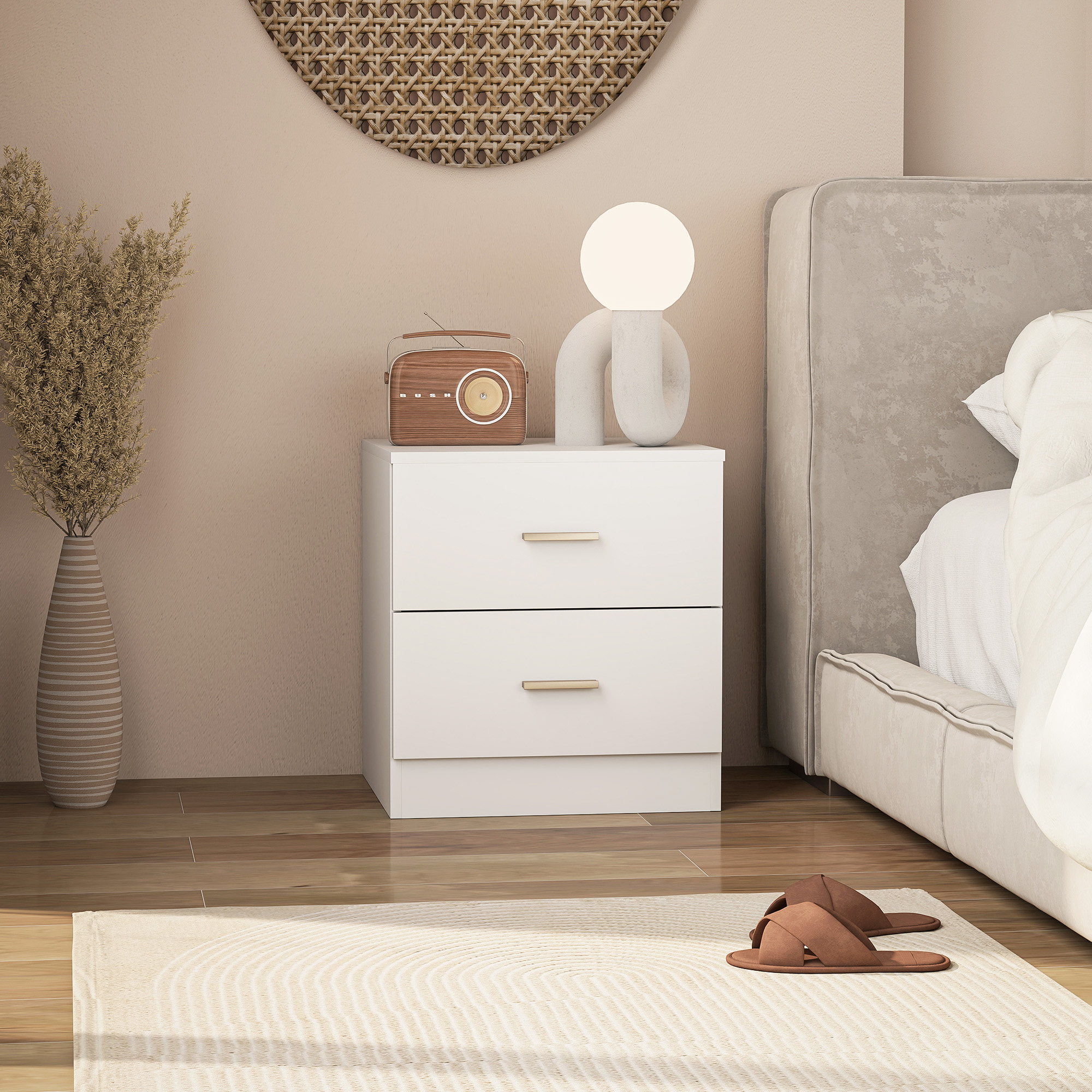 Bedside Table, Small With 2 Drawers And Storage Rack, Modern Bedroom White — image 4