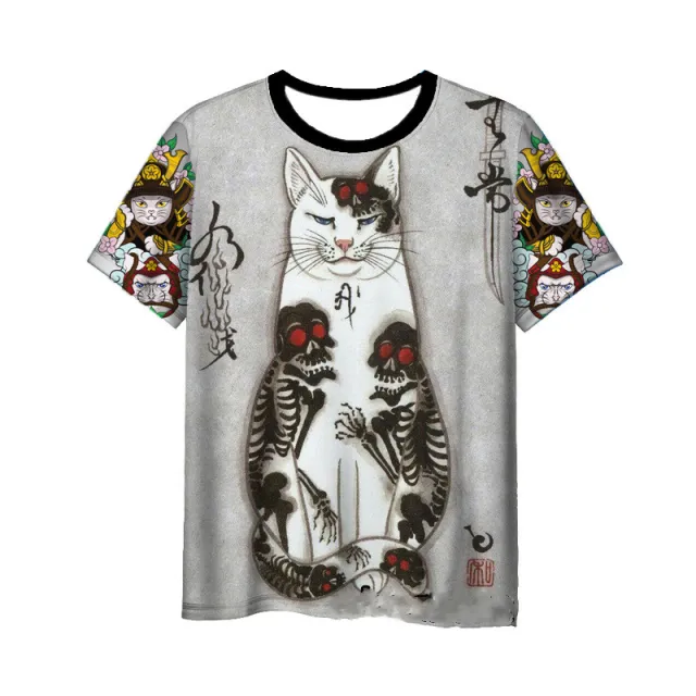 Japanese Samurai Cat 3D Digital Printing Men's Round Neck Short Sleeve 6Style 5Xl - Shop at LoveMi