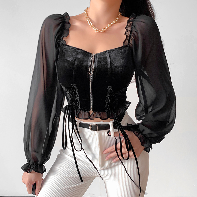 Temperament Square Neck Puff Sleeve Top Women's Niche Design Sense Strap Zipper