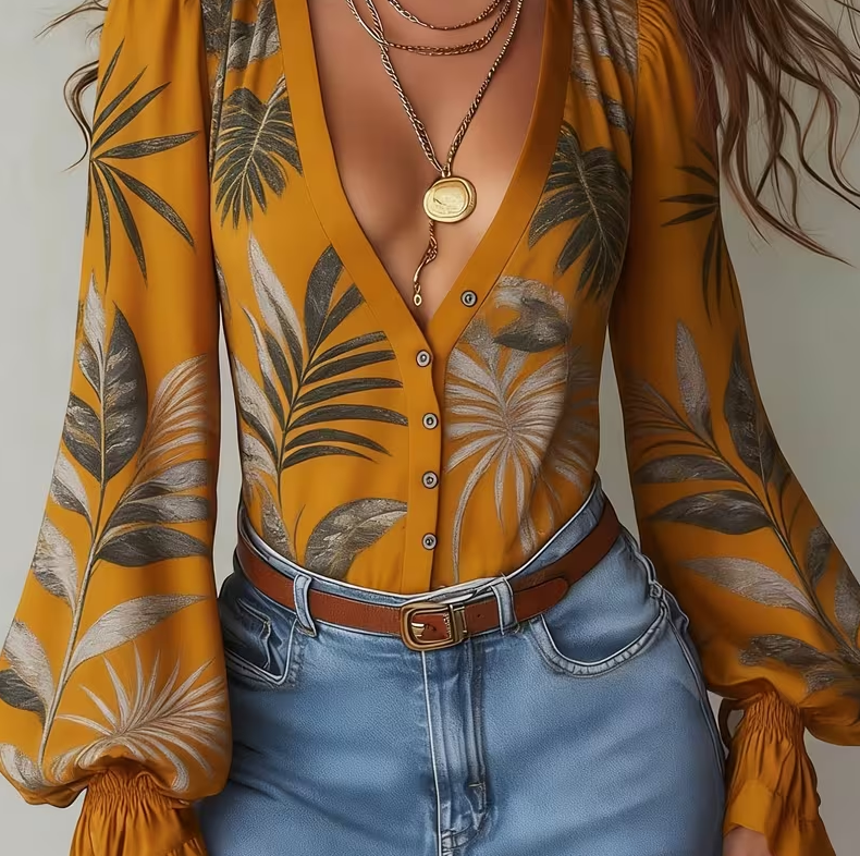 Paisley V-neck Puff Sleeve Women's Slim-fit Blouse
