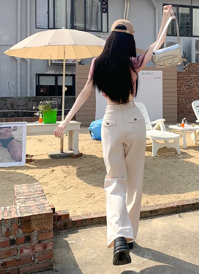 Rose Red High Waisted Straight Leg Jeans For Women Beige Apricot Color - Shop at LoveMi