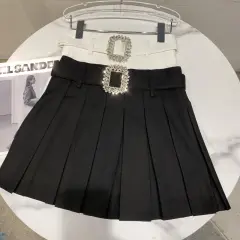 Square Rhinestone Waistband Design Anti Glare Pleated Skirt - Black - View 1