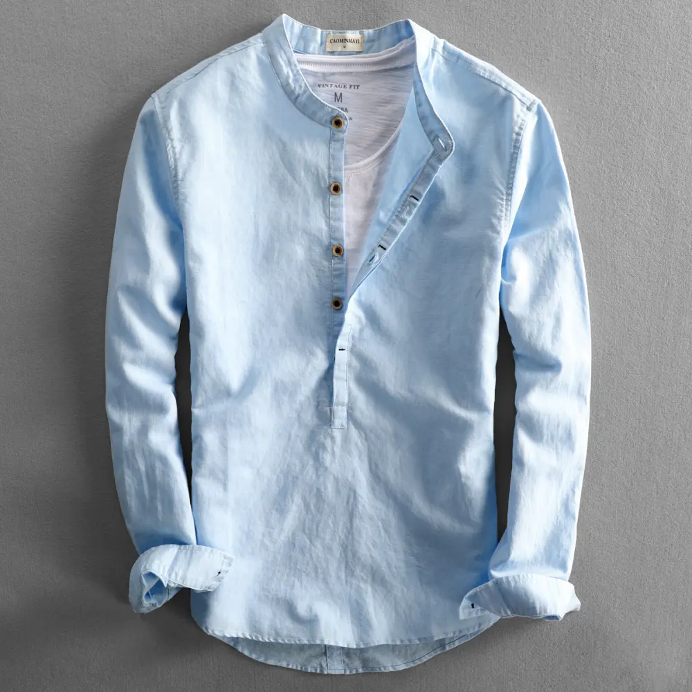 Simple Men's Casual Long Linen Sleeves Shirt Loose Solid