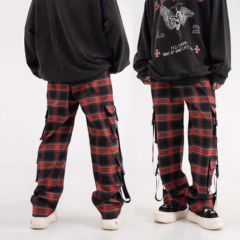 Title 3, Multi Pocket Plaid Buckle Strap Wide Leg Pants,...