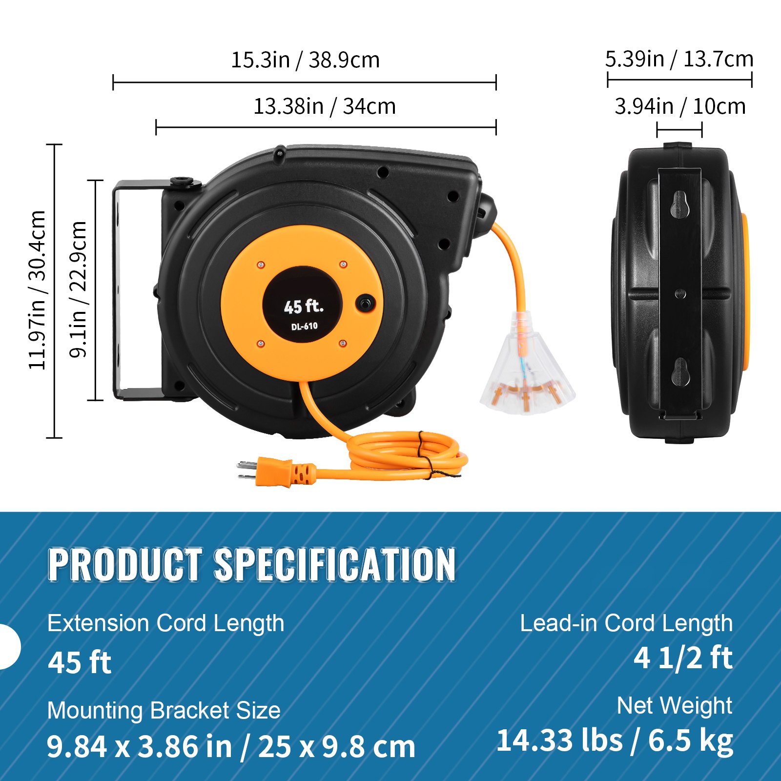 VEVOR Retractable Extension Reel, Heavy Duty 12AWG 3C SJTOW Power Cord 45 FT 12AWG, Black image 2