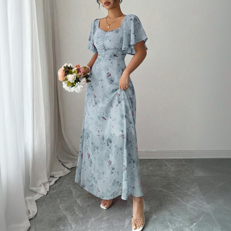 Women's Solid Color Square Neck Short Sleeve Butterfly Print Flowy Dress A Line Summer Vacation Maxi Dress Atrovirens - Shop at LoveMi