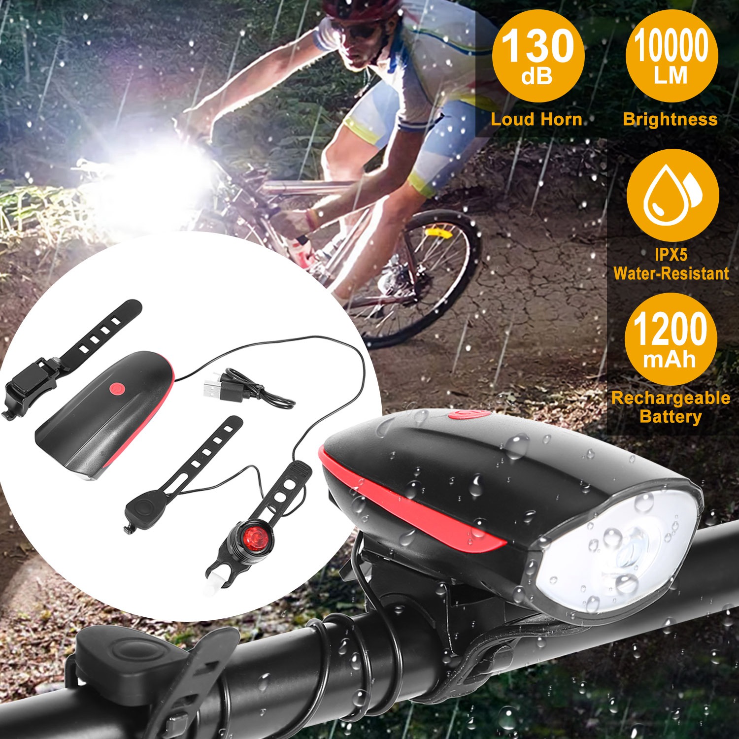 Bike Headlight USB Rechargeable LED Bicycle Front Light Rear Tail Light With 130dB Loud Horn
