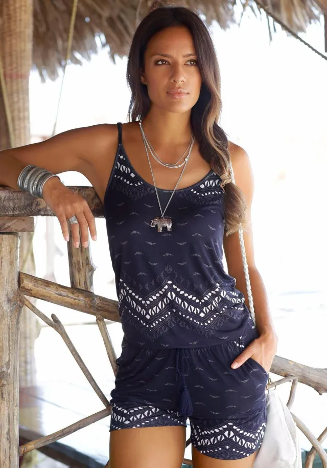 Printed Adjustable Elastic Waist Jumpsuit Navy Blue - Shop at LoveMi
