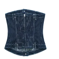 Women's Bra And Waistband Short Striped Denim Top - Navy Blue - View 1