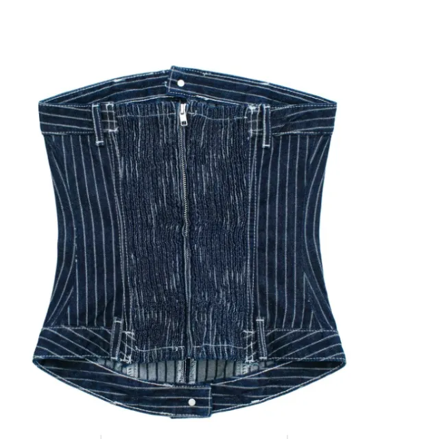 Women's Bra And Waistband Short Striped Denim Top Navy Blue - Shop at LoveMi