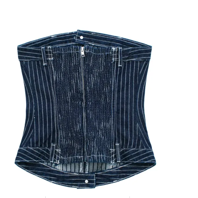 Women's Bra And Waistband Short Striped Denim Top - Navy Blue