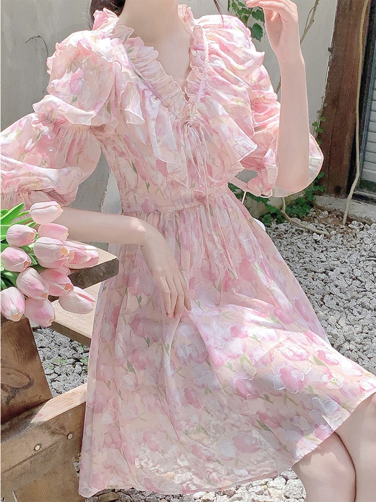 Title 7, Vestido manga longa Fragmented Flowers feminino...