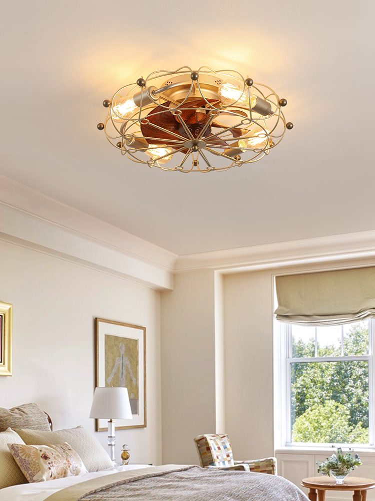 Low Profile Caged Ceiling Fan With Lights Remote Control, Embedded Modern Industrial Ceiling Fan