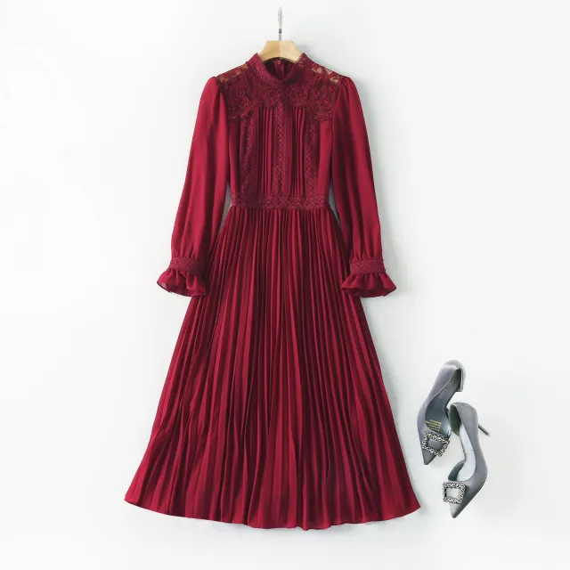Heavy duty Lace Pleated Medium length Dress Wine Red - Shop at LoveMi