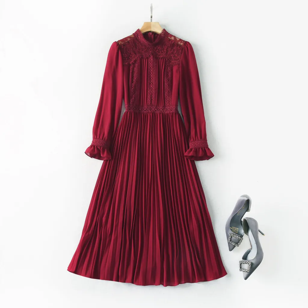 Heavy-duty Lace Pleated Medium-length Dress - Wine Red