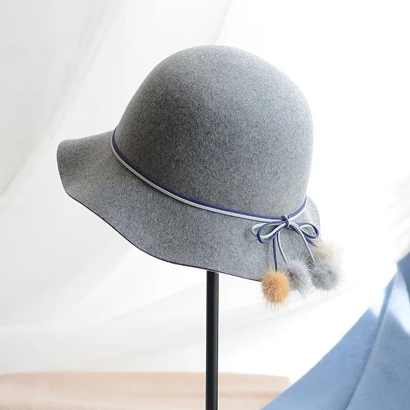 Woolen Warm Fisherman Hat Korean All-matching Basin Hat Lady Felt Cap Mink Fur Ball Billycock - Gray