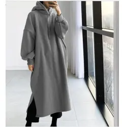 Autumn And Winter Fashion Fleece Mid-length Pullover Sweater - Grey - View 1