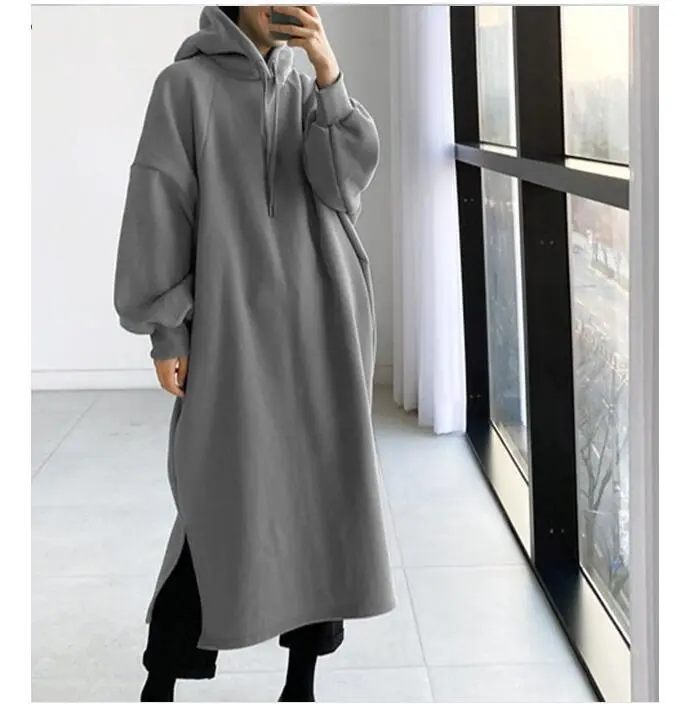 Autumn And Winter Fashion Fleece Mid-length Pullover Sweater - Grey
