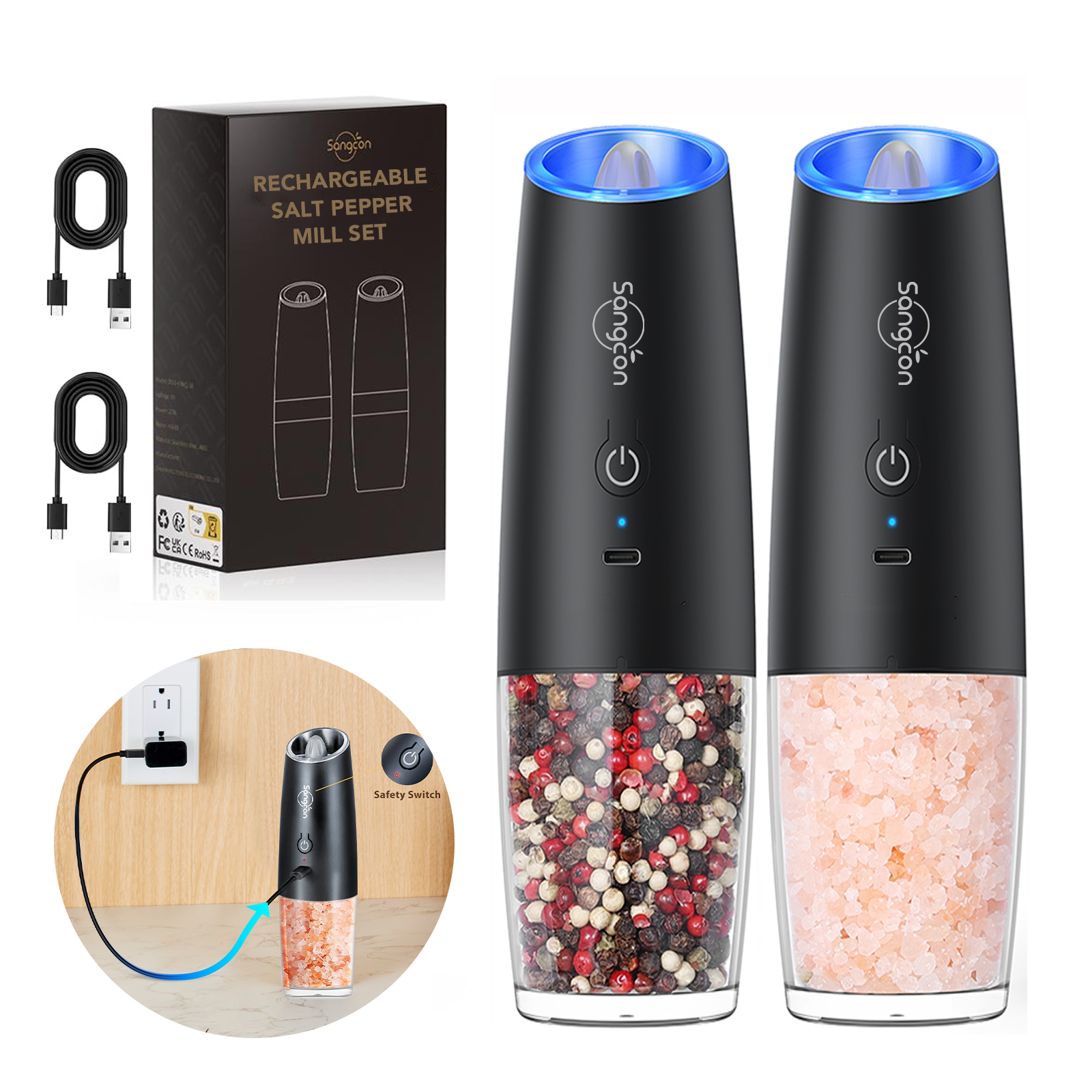 Gravity Electric Salt And Pepper Grinder Set with LED light, battery powered adjustable coarseness, one hand operation, upgraded larger capacity.