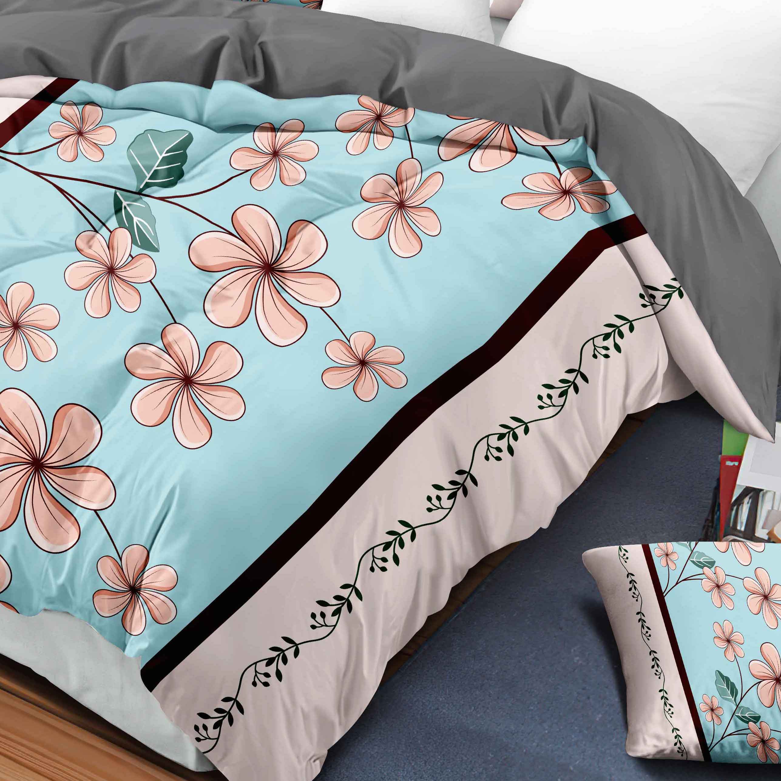9-Piece Blue And Pink Gardenia Bedspread And Curtain Set, Reversible Microfiber Bedding Set For King