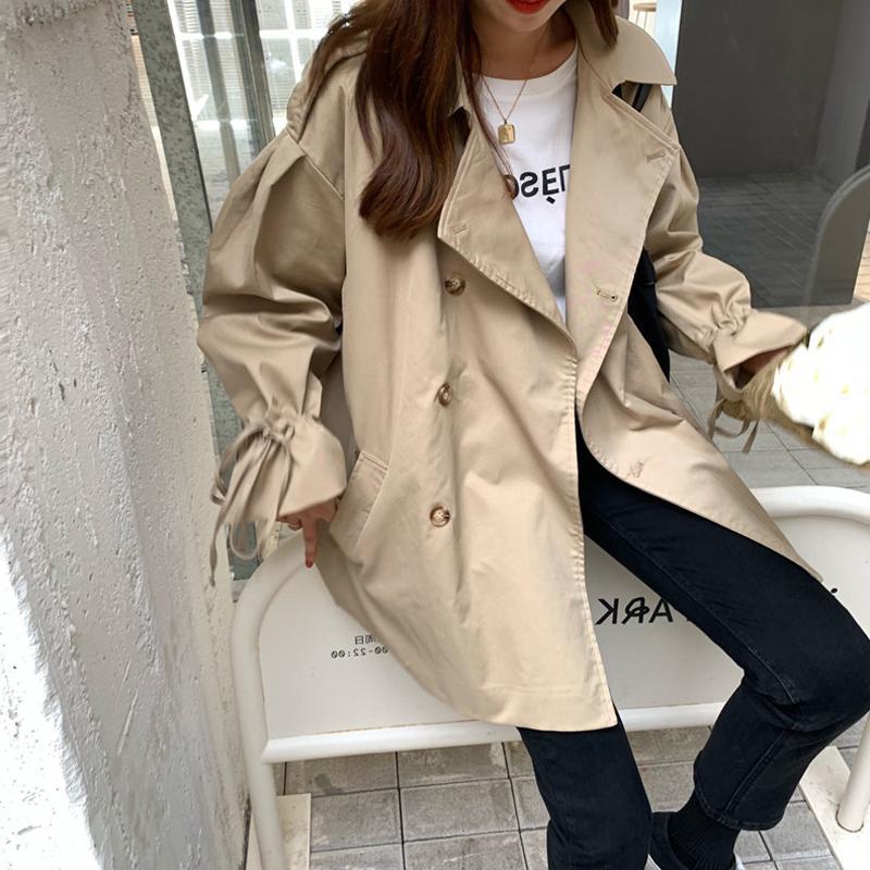 New Lantern Sleeve Loose Black Windbreaker Women's Wild Mid length Coat Khaki - Shop at LoveMi