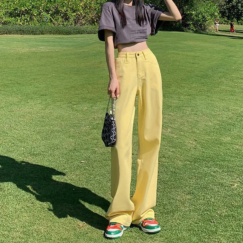 Brown Jeans For Women's New Straight And Loose Fit - Yellow