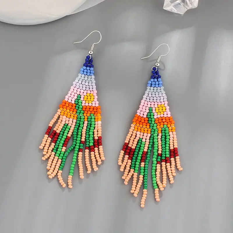 Beaded Tassel Earrings with Geometric Desert Landscape Design